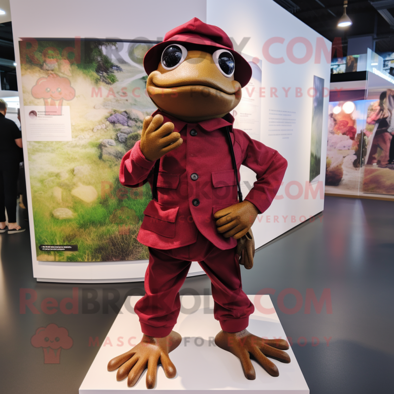 Maroon Frog mascot costume character dressed with a Chinos and Foot pads Maroon Frog mascot costume character dressed with a Chinos and Foot pads