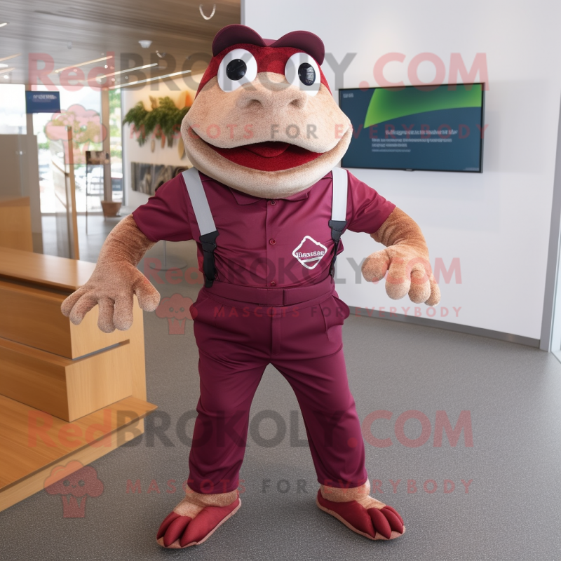 Maroon Frog mascot costume character dressed with a Chinos and Foot pads