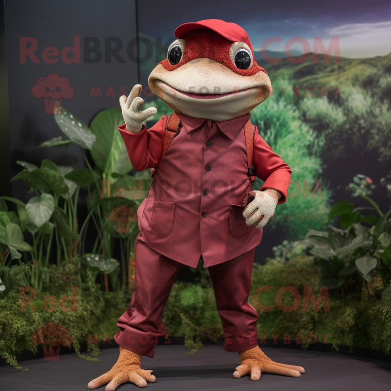 Maroon Frog mascot costume character dressed with a Chinos and Foot pads Maroon Frog mascot costume character dressed with a Chinos and Foot pads