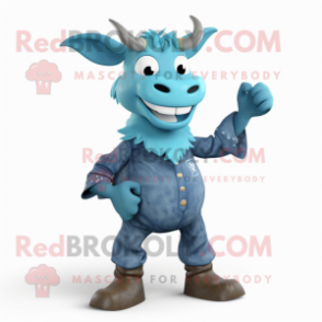 Turquoise Zebu mascot costume character dressed with a Denim Shorts and Gloves