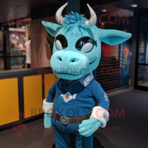 Turquoise Zebu mascot costume character dressed with a Denim Shorts and Gloves