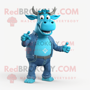 Turquoise Zebu mascot costume character dressed with a Denim Shorts and Gloves