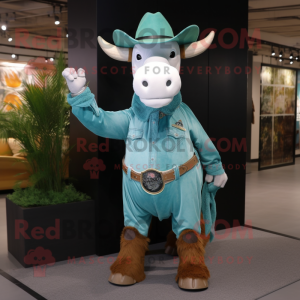 Turquoise Zebu mascot costume character dressed with a Denim Shorts and Gloves