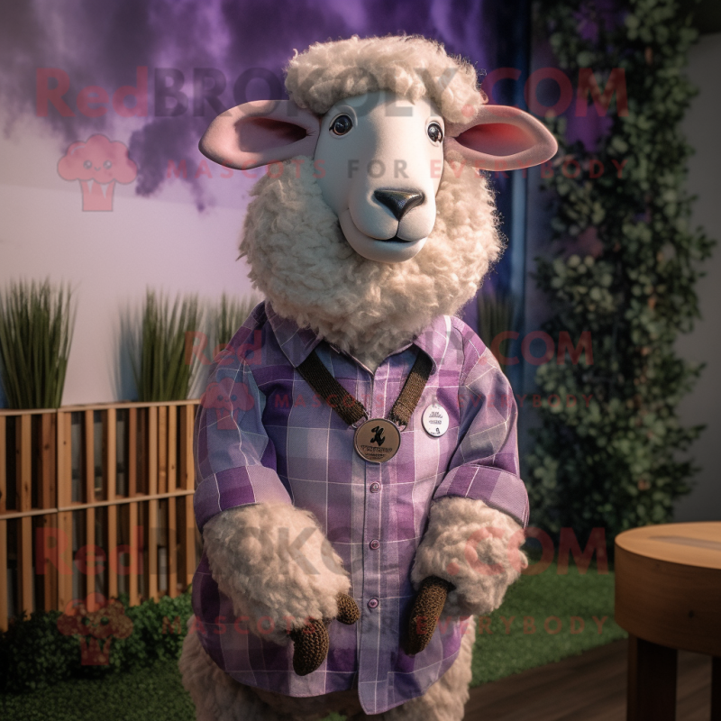 Lavender Merino Sheep mascot costume character dressed with a Button-Up Shirt and Earrings