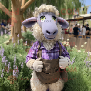 Lavender Merino Sheep mascot costume character dressed with a Button-Up Shirt and Earrings