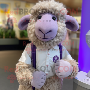 Lavender Merino Sheep mascot costume character dressed with a Button-Up Shirt and Earrings