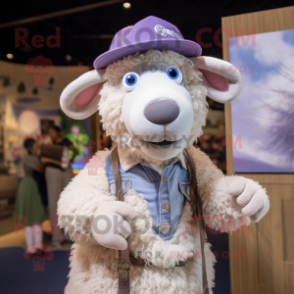 Lavender Merino Sheep mascot costume character dressed with a Button-Up Shirt and Earrings