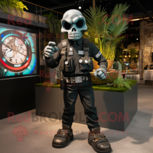 Black Skull mascot costume character dressed with a Cargo Pants and Bracelet watches