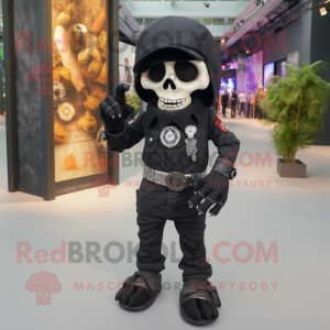 Black Skull mascot costume character dressed with a Cargo Pants and Bracelet watches