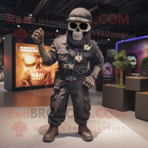 Black Skull mascot costume character dressed with a Cargo Pants and Bracelet watches