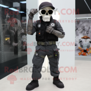 Black Skull mascot costume character dressed with a Cargo Pants and Bracelet watches