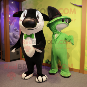 Lime Green Killer Whale mascot costume character dressed with a Tuxedo and Mittens