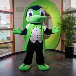 Lime Green Killer Whale mascot costume character dressed with a Tuxedo and Mittens