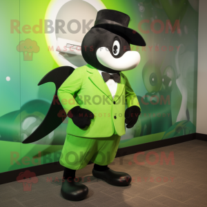 Lime Green Killer Whale mascot costume character dressed with a Tuxedo and Mittens