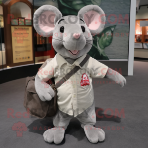 Silver Rat mascot costume character dressed with a Polo Shirt and Tote bags