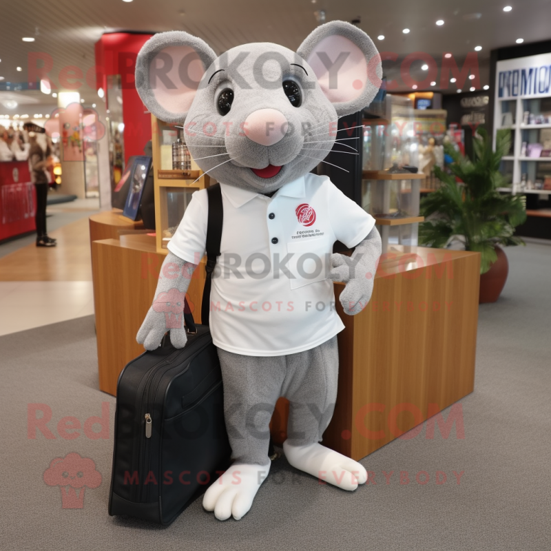 Silver Rat mascot costume character dressed with a Polo Shirt and Tote bags Silver Rat mascot costume character dressed with a Polo Shirt and Tote bags