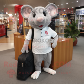 Silver Rat mascot costume character dressed with a Polo Shirt and Tote bags