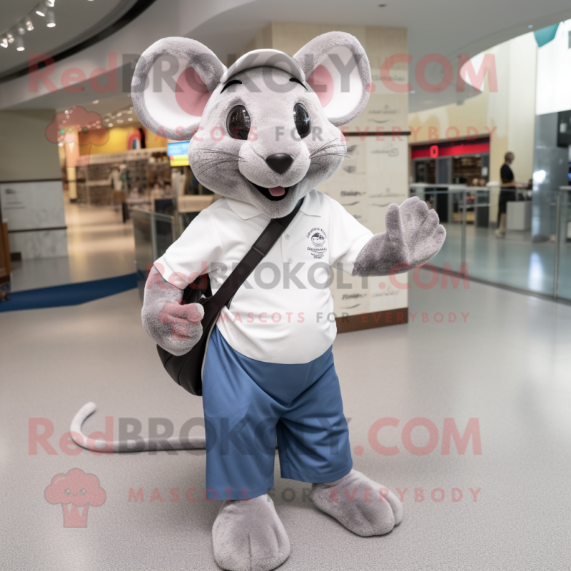 Silver Rat mascot costume character dressed with a Polo Shirt and Tote bags Silver Rat mascot costume character dressed with a Polo Shirt and Tote bags