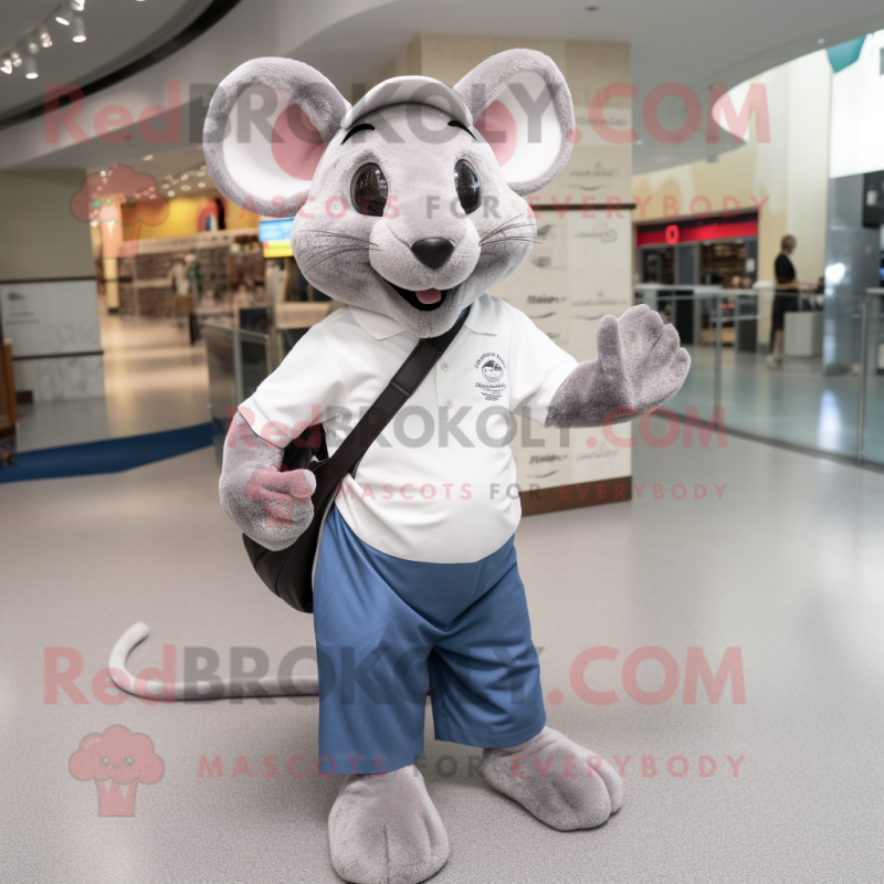 Silver Rat mascot costume character dressed with a Polo Shirt and Tote bags