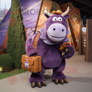 Purple Woolly Rhinoceros mascot costume character dressed with a Skirt and Briefcases