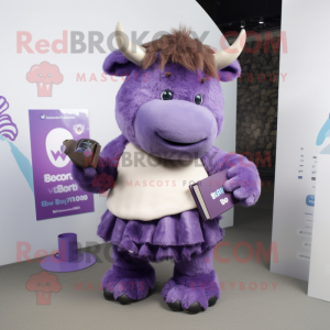 Purple Woolly Rhinoceros mascot costume character dressed with a Skirt and Briefcases
