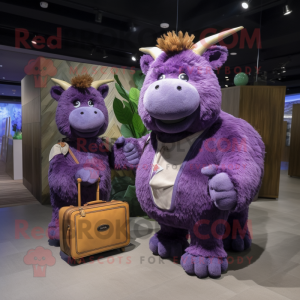 Purple Woolly Rhinoceros mascot costume character dressed with a Skirt and Briefcases