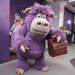 Purple Woolly Rhinoceros mascot costume character dressed with a Skirt and Briefcases