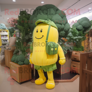 Lemon Yellow Broccoli mascot costume character dressed with a Overalls and Handbags