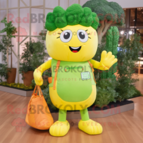 Lemon Yellow Broccoli mascot costume character dressed with a Overalls and Handbags