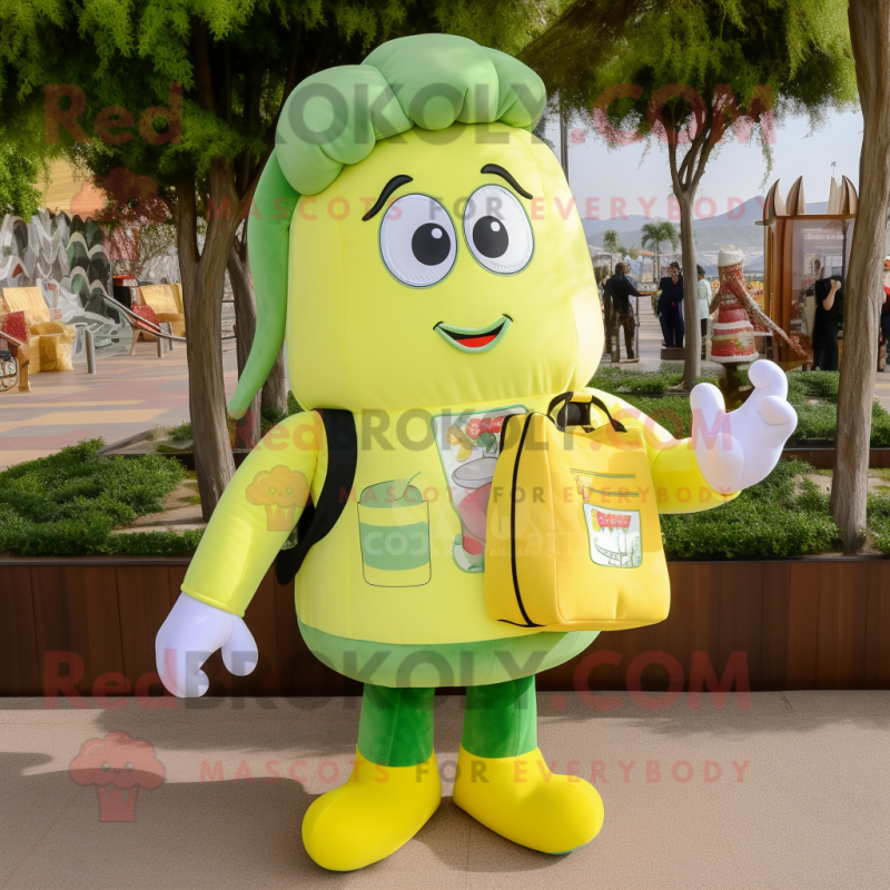 Lemon Yellow Broccoli mascot costume character dressed with a Overalls and Handbags
