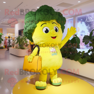 Lemon Yellow Broccoli mascot costume character dressed with a Overalls and Handbags
