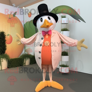 Peach Stilt Walker mascot costume character dressed with a Coat and Hairpins