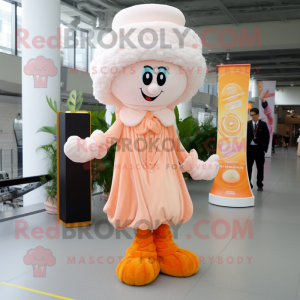 Peach Stilt Walker mascot costume character dressed with a Coat and Hairpins