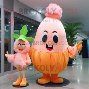 Peach Stilt Walker mascot costume character dressed with a Coat and Hairpins