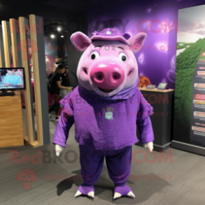 Purple Pig mascot costume character dressed with a Long Sleeve Tee and Headbands