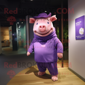 Purple Pig mascot costume character dressed with a Long Sleeve Tee and Headbands
