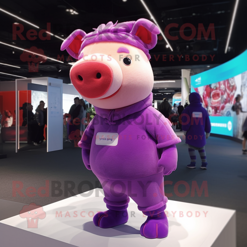 Purple Pig mascot costume character dressed with a Long Sleeve Tee and Headbands