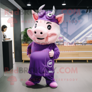 Purple Pig mascot costume character dressed with a Long Sleeve Tee and Headbands