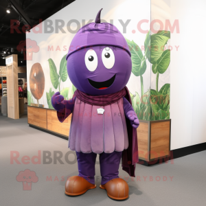 Purple Plum mascot costume character dressed with a Overalls and Shawl pins