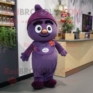 Purple Plum mascot costume character dressed with a Overalls and Shawl pins