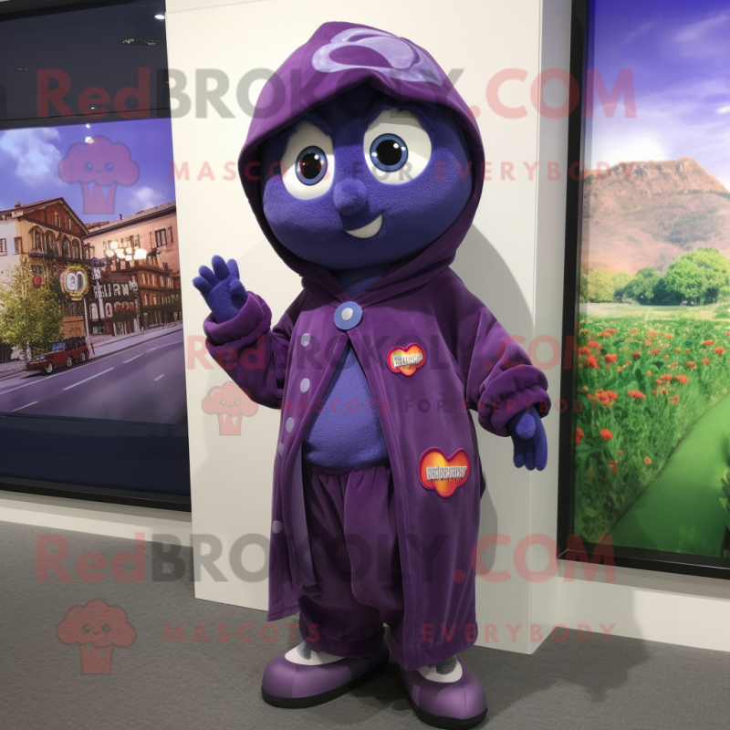 Purple Plum mascot costume character dressed with a Overalls and Shawl pins