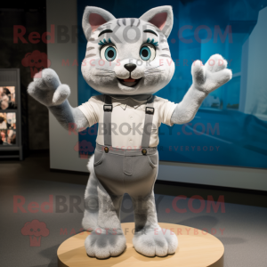 Silver Cat mascot costume character dressed with a Tank Top and Mittens