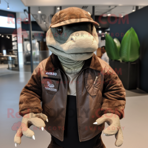 Brown Komodo Dragon mascot costume character dressed with a Leather Jacket and Hat pins