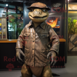 Brown Komodo Dragon mascot costume character dressed with a Leather Jacket and Hat pins