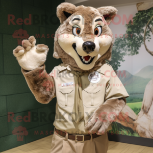 Tan Say Wolf mascot costume character dressed with a Poplin Shirt and Rings