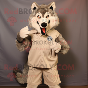 Tan Say Wolf mascot costume character dressed with a Poplin Shirt and Rings