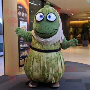 Olive Sushi mascot costume character dressed with a Maxi Dress and Brooches