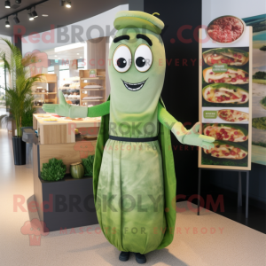 Olive Sushi mascot costume character dressed with a Maxi Dress and Brooches
