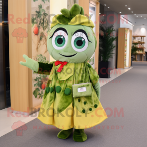 Olive Sushi mascot costume character dressed with a Maxi Dress and Brooches