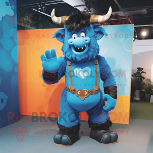 Blue Minotaur mascot costume character dressed with a Dungarees and Foot pads